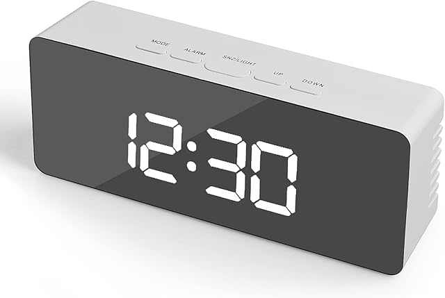 Dveda Digital Bedside Snooze Time Temperature Function, Adjustable Brightness Mirror Surface Led Display Alarm Clock for Home, Office(USB or Battery Powered) White, Standard