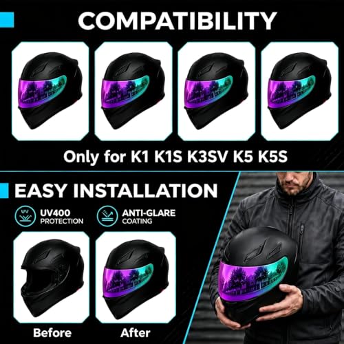 Image of PSLER Shatterproof Helmet Visor for K1 K1S K3SV K5 K5S,(Film&Deep Purple) | Impact-Resistant ,UV400 Protection, Motorcycle Tinted Face Shield for K1 K1S K3SV K5 K5S ,Visor Replacement