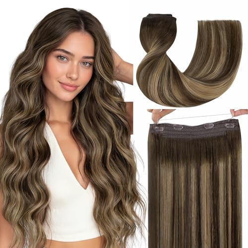 GOO GOO Wire Hair Extensions Human Hair, 4/27/4 Chocolate Brown with Caramel Blonde Balayage 20inch 110g, Invisible Wire Hair Extensions with Transparent, Seamless Fish Line Hairpiece