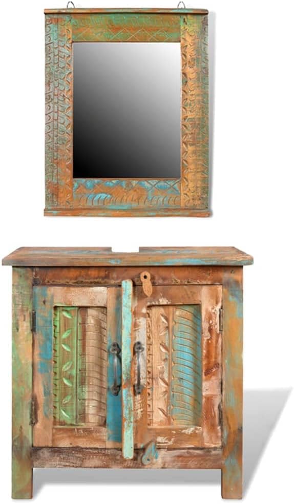 Reclaimed Solid Wood Bathroom Vanity Cabinet Set with Mirror,Antique-Style Floor Cabinet,Pure Handmade,With 2 Shelves,Perfect for such as Street-Side Fashionable Coffee Shops and Bars Bathroom