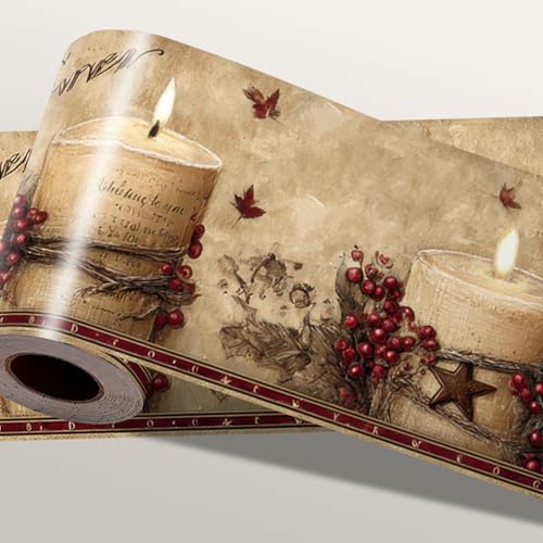 IOHEFY Rustic Farmhouse Wallpaper Border Peel and Stick 196x4 Inch Removable Wall Border Vintage Candle Floral Wall Trim for Kitchen Bathroom Living Room Country Home Decor