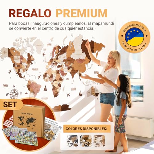 Miniatura 7 de Wow Wood Mapamundi De Madera 3d Para Pared En Español Sin Taladro Con Adhesivos, Plantillas Y Pines Arte Mural Para Hogar U Oficina