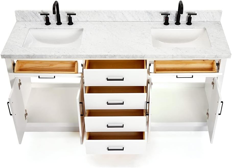 DKB Isabella 72 Inch Bathroom Vanity Double Sink — White Bathroom Vanity with Sink, 1.5" Edge Italian Carrara Marble Countertop & Backsplash, 4 Soft-Close Doors, 4 Dovetail Drawers, and 2 Tilt Drawers