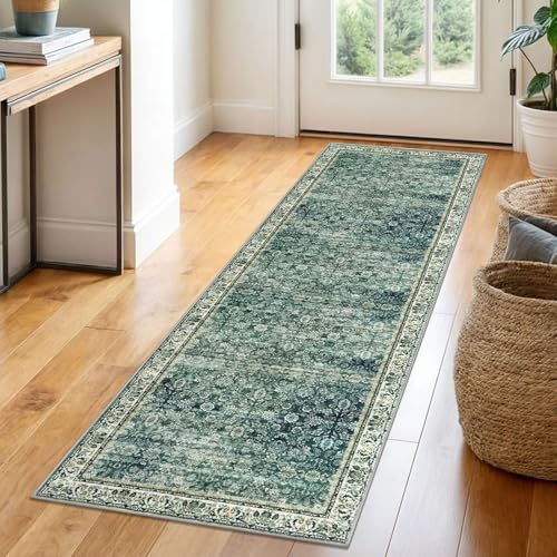 2x6 Green Blue Washable Runner Rug for Hallways, Soft Classic Kitchen Rugs with Non-Slip, Non-Shedding Distressed Floral Carpet for Entryway Bedroom Bathroom Laundry Indoor