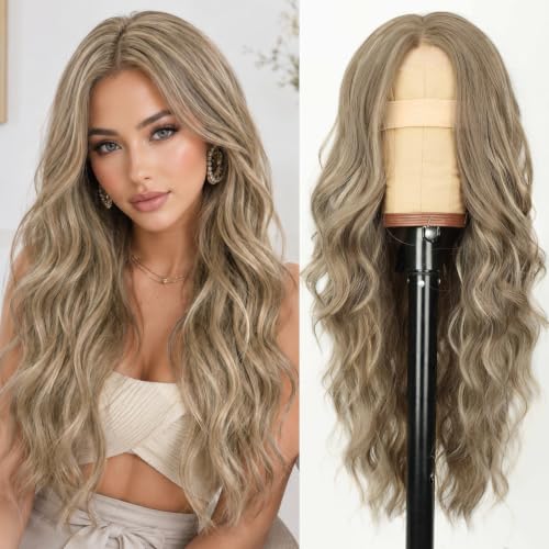 Image of AISI HAIR Ash Blonde with Highlights Wig for Women, Long Wavy Lace Hairline Middle Part Synthetic Heat Resistant Wig for Daily Party-26 Inch