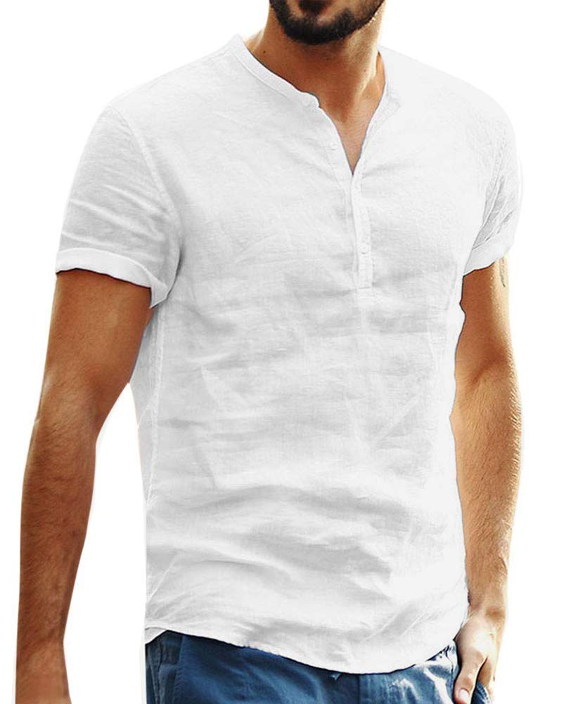 Onsoyours Camisa Hombre Cuello Mao Lino Blusa Manga Corta Camisas Top Verano Camisa de Playa Suelta Camisas De Trabajo Suave Transpirable