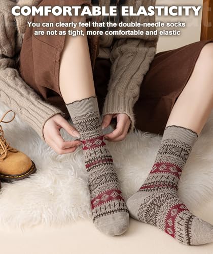 Image of IIG 3-5 Pairs Womens Vintage Cozy Crew Socks Soft Cute Neutral Cotton Socks Exquisite Patterns Socks Gift