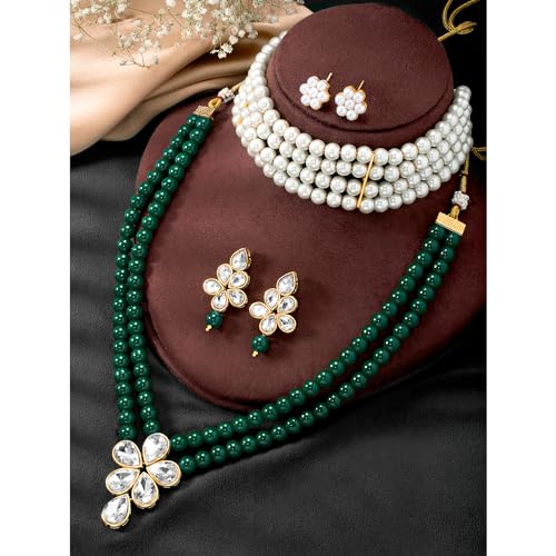 Image of Peora Crystal Faux Pearl Kundan Necklace & Jewellery Set Gift for Women