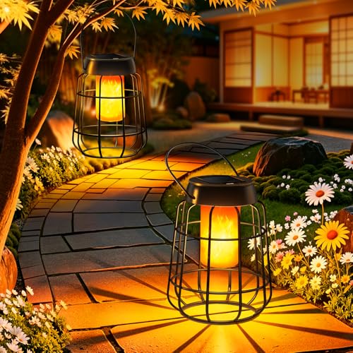 Juego de 2 farolillos solares con efecto de llama real para exteriores, IP65, resistentes al agua, para jardín, balcón, terraza y patio con sensor crepuscular automático, decoración de jardín