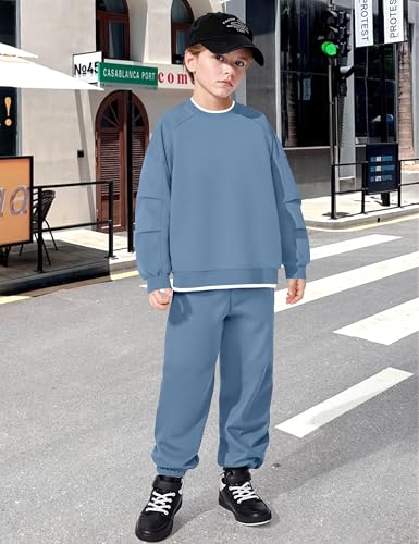 KANGKANG Boys Clothes 2 Piece Crew Neck Long Sleeve Warm Thin Fleece Sweatshirt Top and Sweatpants Winter Fall Outfits 6-14Y2