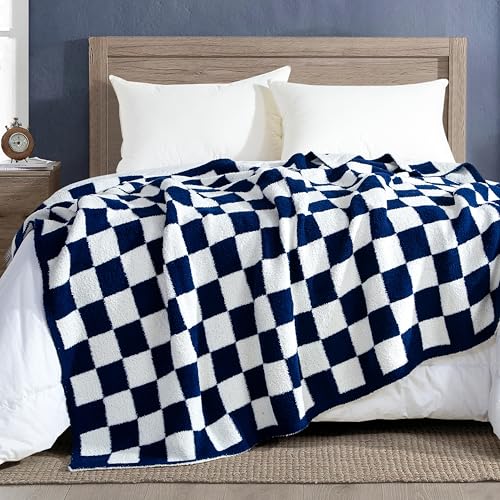 Image of Elegant Comfort Checkered Throw Blanket, Navy Blue Super Soft Cozy Fluffy Warm Throw Blankets for Couch, Sofa, Chair, Bed, Camping, Picnic, Travel Lightweight Bed Blanket (50 inch x 70 inch)