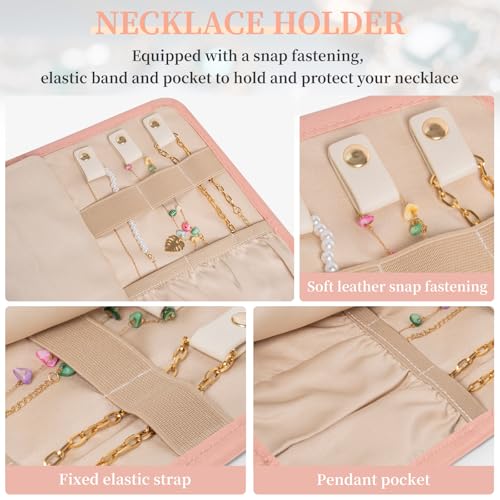 Image of Travel Jewelry Holder Organizer Case, Foldable Jewelry Roll Storage Bag for Necklaces Rings Earrings Bracelets, Large, Pink