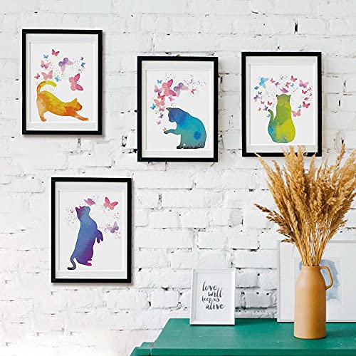 IIILUYOT Watercolor Cat With colorful Butterfly Art Print, Set of 4(8”X10”) Watercolor Animals Poster Painting for Home Decor, Cat Gift for Girl Daughter Granddaughter Niece Cat Lover, Unframed