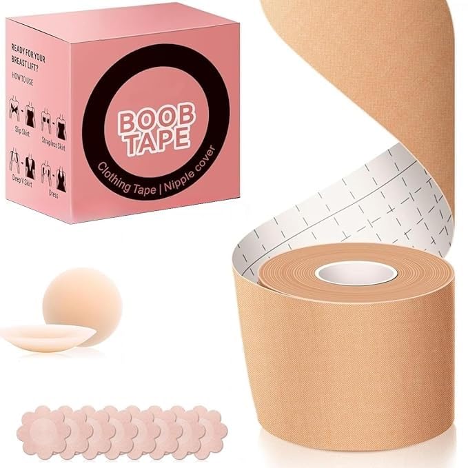 Adhesive Bra Push Up Boob Tape for Large Breasts - with 1 Pair Reusable Invisible Silicone Nipple Covers, 36 Strips Fabric Tape for Women Clothing and Body Beige-image-37