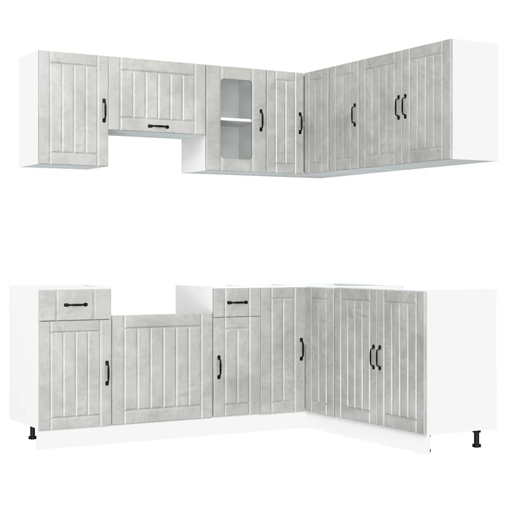 Set di 11 mobili da cucina Lucca in legno grigio cemento, mobili da cucina modulari con armadio ad angolo, pensili e pensili per molto spazio in cucina