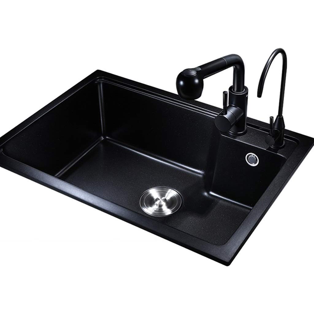 ZQFHSX Kitchen Sinks Fixtures Quartz Stone Single Basin Sink Household Black Cleaning Pool Abrasion Resistant And Scratch (Color : Black, Size 62 * 46cm)