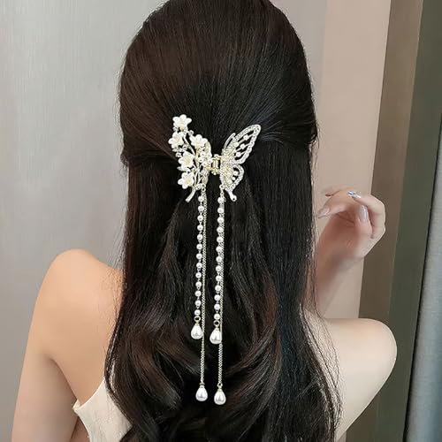 Pinza de cabello mariposa con borlas y perlas blanca miniatura 2