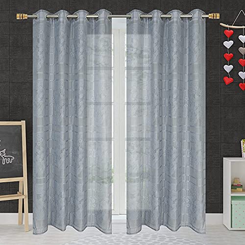 Image of Fabrilia Heavy Polyester Net Semi Sheer Fancy Grommet Curtains, Floral Design, Grey, Long Door- 4 Feet X 9 Feet, Pack Of 2 Pcs
