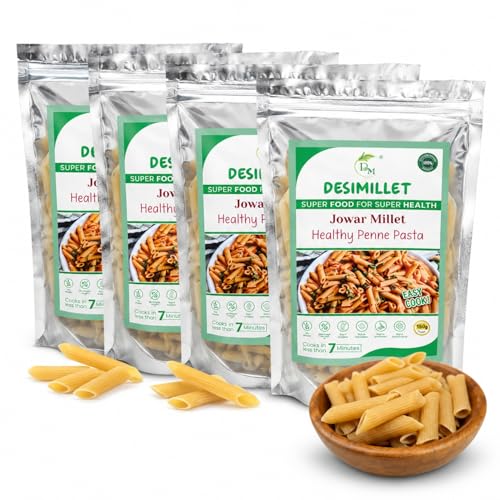 Image of DESIMILLET Jowar Millet Pasta | No Maida, Easy to Digest | Rich in Anti-Oxidant, High Fibre, Iron-Rich Vegan Breakfast | Control Blood Sugar, Diabetic Friendly for Adults - 600 GM (Pack of 4)
