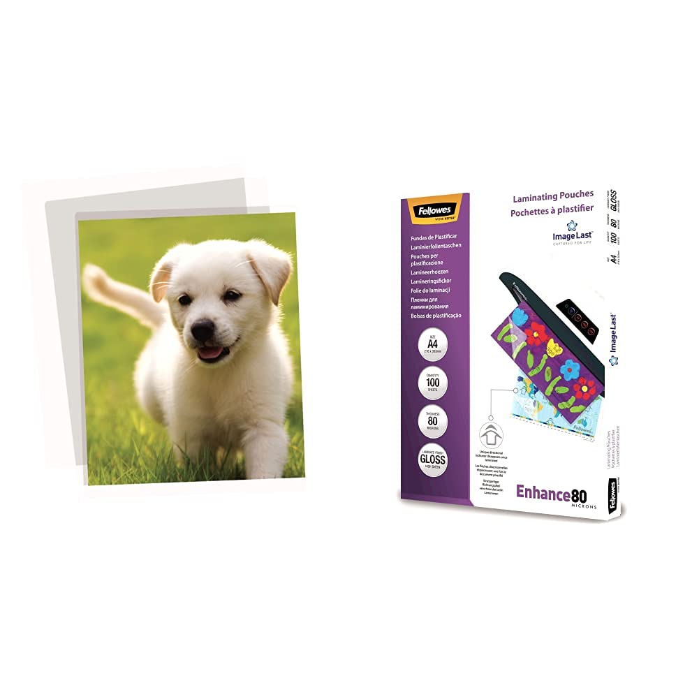 Fellowes 6003401 Pouches a Finitura Lucida Apex, Formato A3, 125 Micron & 5306114 Pouches Di Plastificazione per Documenti, Formato A4, 80 Micron
