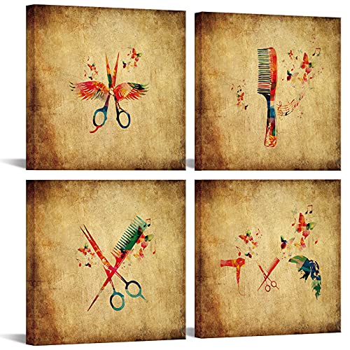 Hair Salon Wall Art Beauty Salon Pictures Wall Decor Fashion Canvas Art Beauty Shop Hairdresser Tools Canvas Prints Vintage Wall Painting for Beauty Room Poster Makeup Canvas Set of 4 Ready to Hang