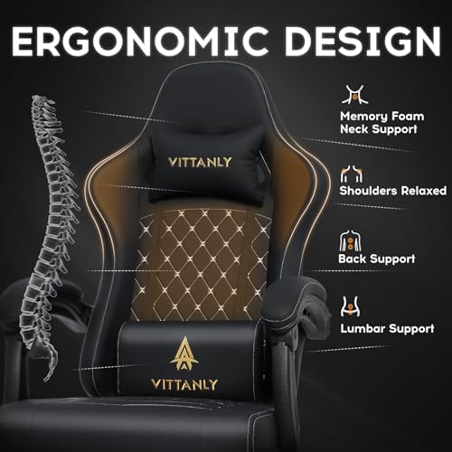 Bild 2 - Vittanly Gaming Stuhl mit Frühling Kissen, Ergonomischer Gaming Chair Gamer Stuhl mit Kopfstütze, Lendenkissen und Fußstütze, Höhenverstellbarer Drehbarer Gaming Sessel Bürostuhl 150 kg, Schwarz