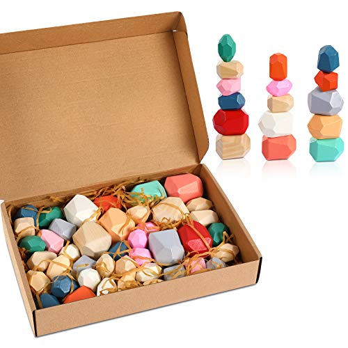 42 Pieces Wooden Stacking Rock Blocks Balancing Stones Blocks Set DIY Wooden Building Stones Blocks Stacking Blocks Balancing Rock Natural Colored Stacking Game Rock Block Educational Puzzle Toy