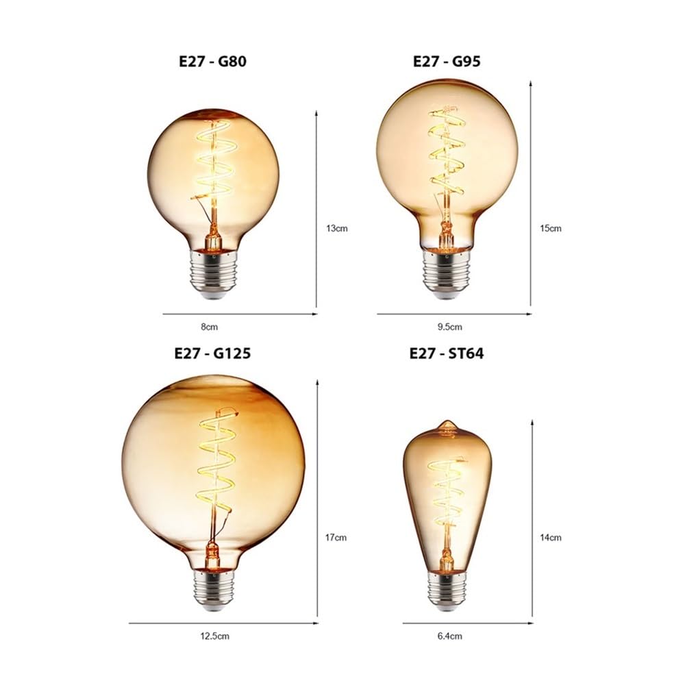fengyan Casa bombillas, Paquete de 6 bombillas de filamento en espiral LED Vintage AC220V E27 bombilla LED Edison Retro T45 ST64 G80 G95 G125 Familiar Lámpara(Warm White T185)