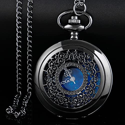 Tiong Blue Starry Pocket Watch Starry Night Roman Numbers Scale Quartz Pocket Watches With Chain Christmas Graduation Birthday Gifts Fathers Day #TOP1