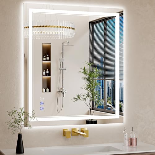 Image of 32 inchx36 inch LED Bathroom Mirror with Lights, Anti-Fog, Backlit + Front Lit, Dimmable, Lighted Bathroom Mirror, 3 Colors, Shatter-Proof Tempered Glass