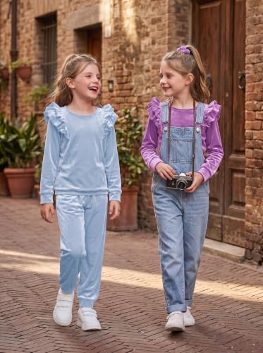 Image of Arshiner Girls 2 Piece Outfits Velour Tracksuit Ruffle Sweatshirt Sweatpant