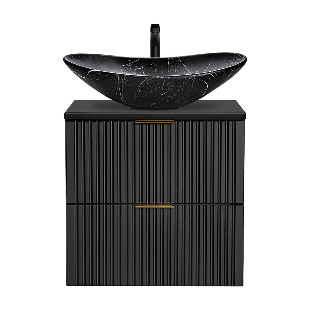 Lomadox Lavabo da bagno, 61 cm, nero opaco scanalato con lavabo in ceramica nero marmorizzato, larghezza x altezza x profondità ca. 61/75/46,5 cm