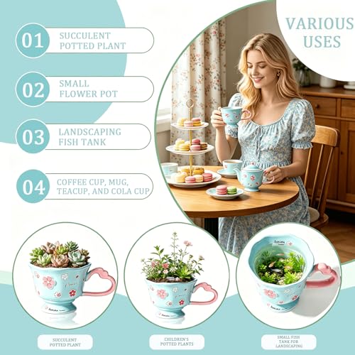 Taza de cerámica azul con diseño floral 12 oz miniatura 5