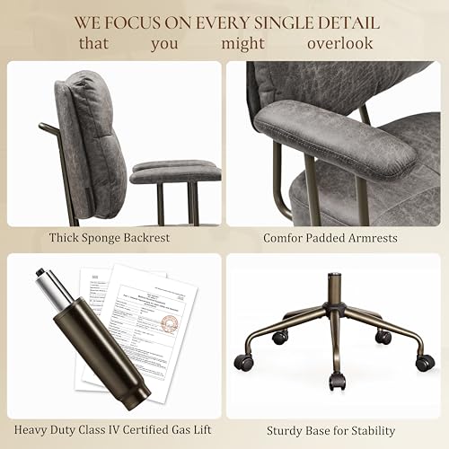 Image of EUREKA ERGONOMIC Becky Home Office Desk Chairs Leather, Comfy Office Chair with Lumbar Support and Arms, Mid-Back, Comfortable Thick Cushion, Height Adjustable, Mid-Century Modern, Gray