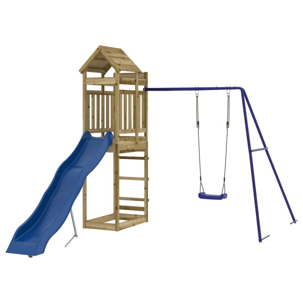 Wieża do zabawy z impregnowanego ciśnieniowo drewna sosnowego z huśtawką, zjeżdżalnią falistą i piaskownicą, platforma 118 cm, ogród plac zabaw dla dzieci w wieku od 3 do 8 lat, 249 x 335 x