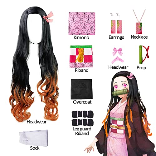 11 pcs Nezuko Cosplay Costume Kimono for Kids Adults Robe Japanese Anime Costume Halloween Kimono Outfit With Wig2