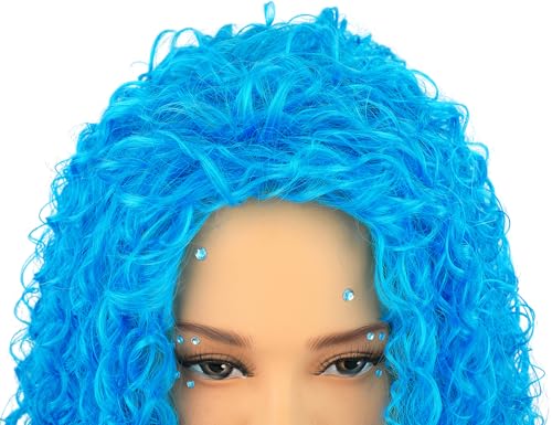 AMZCOS Kids Long Wavy Curly Blue Heat Resistant Synthetic Hair Wigs with Blue Choker and Stickers for Girls Toddler Halloween Costume Party (Small Size) by AMZCOS - Image 2