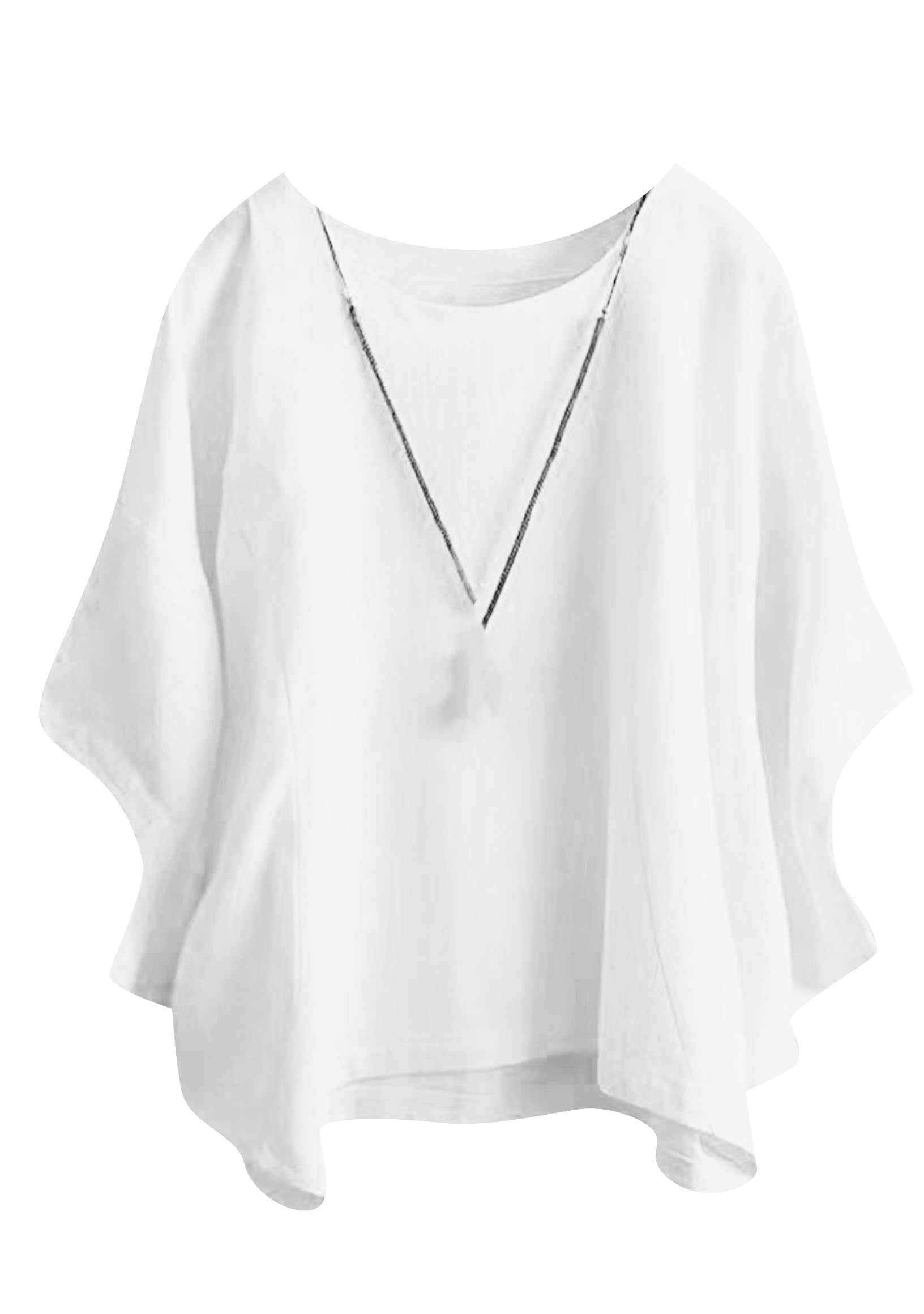 GORIFE Women's Casual Crew Neck Batwing 3/4 Short Sleeve Loose Tunic Pullover Summer Solid Color Cotton Linen T-shirt Tunic