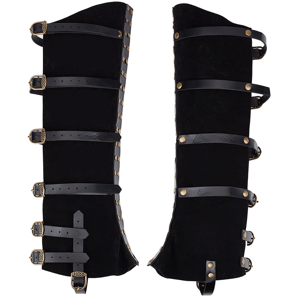 GORGECRAFT 2Pcs Knight Leg Guards Gaiters Steampunk Medieval Boot Covers Imitation Leather Pirate Boot Tops with Buckle Straps Leg Warmer Wraps Shoes Accessories for Halloween Cosplay Costume Black