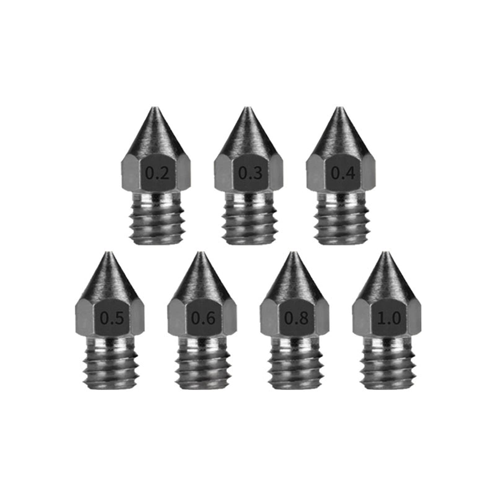 7 Stück MK8 Düse aus gehärtetem Stahl, 1,75 Verbrauchsmaterialien, mit Schriftzug, 0,2–1,0 mm, 3D-Druckerzubehör, kompatibel mit den meisten Hochtemperaturdruck-Verbrauchsmaterialien auf dem Markt