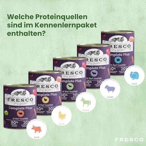 FRESCO Dog NassBarf PROBIERPAKET 5 x 800g | Hundefutter Nass getreidefrei aus Pferd, Lamm, Rind, Huhn & Pute | Mono-Protein & 80% Frischfleisch | Nassfutter für Hunde | Aus Deutschland