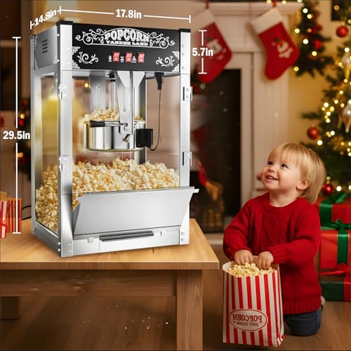 Image of 20 Oz Commercial Popcorn Machine, Movie Theater Popcorn Machine, Black Tabletop Pop corn Machine with 3-Switch Control & Steel Frame Tempered Glass Doors