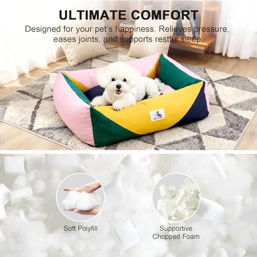 Image of Cotton Canvas Dog Bed, Pink Dog Beds for Small Dogs, Puppy Bed with Washable Removable Cover, Durable 290 GSM Cotton Anti-Chewing Pet Bed with Anti-Slip Bottom (24 inchx20 inchx8 inch, Pink&Yellow&Green)