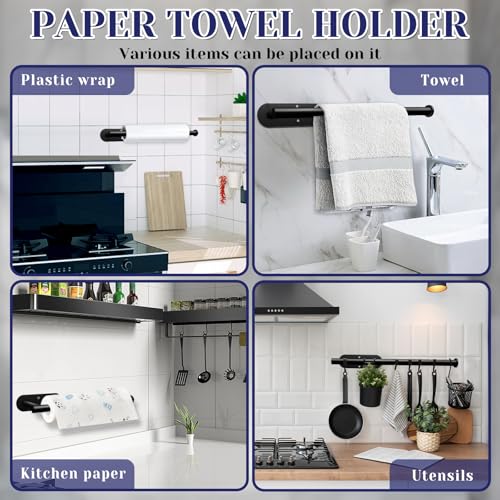 Image of Black Paper Towel Holder, Self Adhesive Paper Towel Holder Under Cabinet | Stainless Steel, kitchen, Bathroom, Sink, Pantry, Fridge, durable, scratch-resistant, cling film, foil rolls, Drilling
