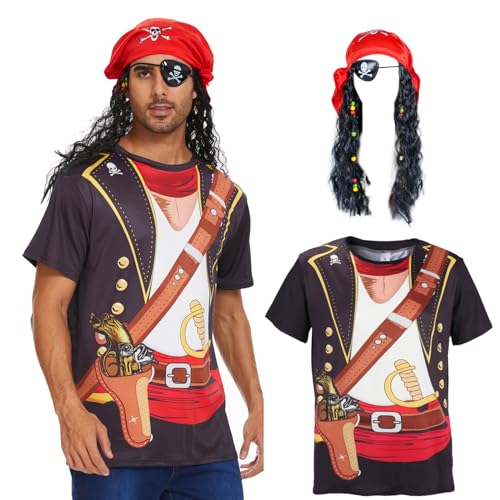 Vegove Novelty Mens Pirate Costume T-Shirts Set 3D Caribbean Cruise Night Shirt Wig & Eye Patches for Halloween Dress up (Black XX-Large)