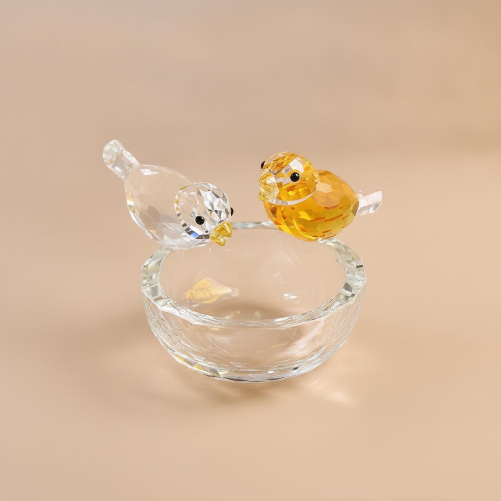 Colcolo Adorno de Mesa Pájaros de Cristal Figura Escultura Ornamento Vidrio Transparente con en Nido Redondo Cuerpo Facetado Que al Iluminarse Adecuado para, Transparente Y Amarillo