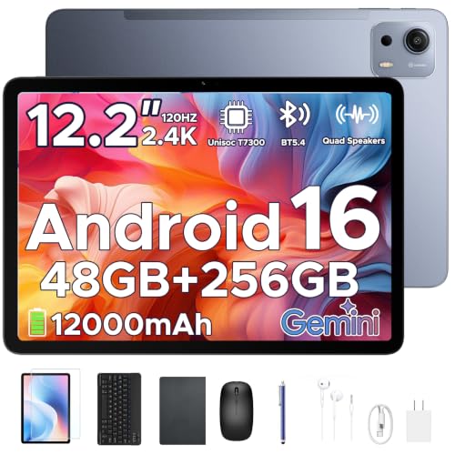 Image of P12 Plus 2026 Tablet Android 16, 2.4K 120 Hz Android Tablet 12.2 Inch, 48GB RAM+256GB ROM /2TB TF, T7300 CPU, 12000mAh, Gemini AI, 13MP+8MP, Widevine L1, WiFi 5, Tablet with Keyboard, Pen- Gray