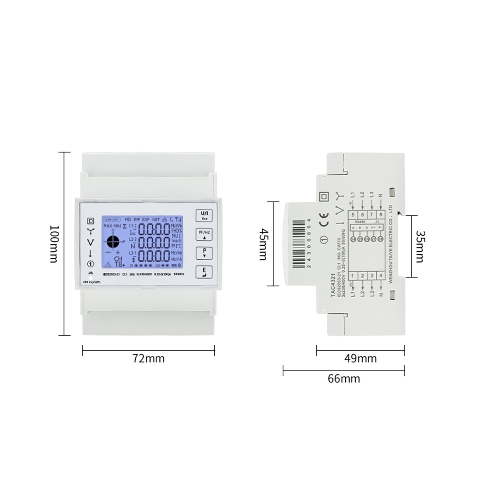 T4321 100A LCD triphasé Din Rail multi-fonction énergie