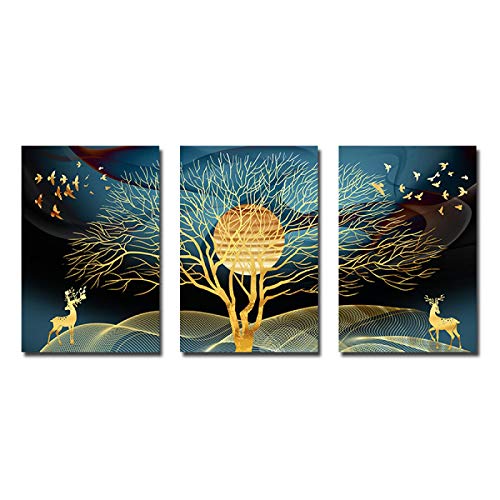 Peinture abstraite arbre de cerf doré : tableau triptyque moderne 70x100 cm pour grand salon chic