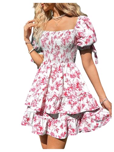 Image of Floerns Women's Floral Print Puff Sleeve Square Neck Tiered Layer Shirred Dresses